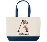 Planetee Grand Sac Cabas Fond Bleu Alphonsine | Toile de Coton 170 g/m² 27 L Poche Intérieure Anses 64 cm | Courses Shopping Plage | Cadeau Femme Homme Anniversaire Noël