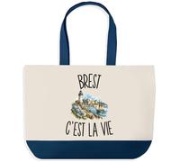 Planetee Grand Sac Cabas Fond Bleu Brest c’est la vie | Toile de Coton 170 g/m² 27 L Poche Intérieure Anses 64 cm | Courses Shopping Plage | Cadeau Brestois Brestoise Femme Homme Anniversaire Noël