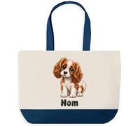 Planetee Grand Sac Cabas Fond Bleu Cavalier King Charles | Toile de Coton 170 g/m² 27 L Poche Intérieure Anses 64 cm | Courses Shopping Plage | Cadeau Propriétaire Chien Femme Homme Anniversaire Noël