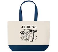 Planetee Grand Sac Cabas Fond Bleu J’peux pas j’ai Krav Maga | Toile de Coton 170 g/m² 27 L Poche Intérieure Anses 64 cm | Courses Shopping Plage | Cadeau Femme Homme Anniversaire Noël
