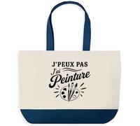 Planetee Grand Sac Cabas Fond Bleu J’peux pas j’ai Peinture | Toile de Coton 170 g/m² 27 L Poche Intérieure Anses 64 cm | Courses Shopping Plage | Cadeau Peintre Femme Homme Anniversaire Noël