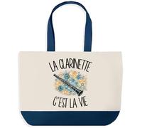 Planetee Grand Sac Cabas Fond Bleu La clarinette c'est la vie | Toile de Coton 170 g/m² 27 L Poche Intérieure Anses 64 cm | Courses Shopping Plage | Cadeau Clarinettiste Femme Homme Anniversaire Noël