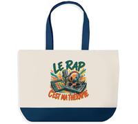 Planetee Grand Sac Cabas Fond Bleu Le rap c'est ma thérapie | Toile de Coton 170 g/m² 27 L Poche Intérieure Anses 64 cm | Courses Shopping Plage | Cadeau Femme Homme Anniversaire Noël
