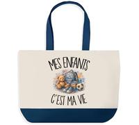 Planetee Grand Sac Cabas Fond Bleu Mes enfants c'est ma vie | Toile de Coton 170 g/m² 27 L Poche Intérieure Anses 64 cm | Courses Shopping Plage | Cadeau Parent Femme Homme Anniversaire Noël