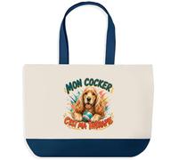 Planetee Grand Sac Cabas Fond Bleu Mon cocker c'est ma thérapie | Toile de Coton 170 g/m² 27 L Poche Intérieure Anses 64 cm | Courses Shopping Plage | Cadeau Femme Homme Anniversaire Noël