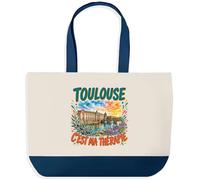 Planetee Grand Sac Cabas Fond Bleu Toulouse c'est ma thérapie | Toile de Coton 170 g/m² 27 L Poche Intérieure Anses 64 cm | Courses Shopping Plage | Cadeau Femme Homme Anniversaire Noël