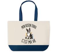 Planetee Grand Sac Cabas Mon Boston Terrier C'est Ma Vie | Sac de Plage Shopping Courses en Coton | Idée Cadeau Femme Homme Anniversaire Noël | Imprimé en Bretagne