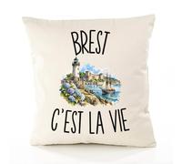 Planetee Housse de Coussin Brest c’est la Vie | Coton Canvas Fairtrade 305 g/m² Zip Invisible Taille 50×50 cm | Déco Canapé Salon Chambre | Cadeau Brestois Brestoise Crémaillère Anniversaire Noël