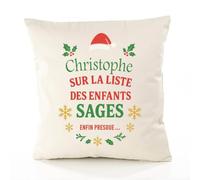 Planetee Housse de Coussin Christophe sur la liste des Enfants sages… Enfin Presque | Coton Canvas Fairtrade 305 g/m² Zip Invisible Taille 50×50 cm | Déco Canapé Salon Chambre