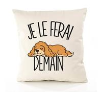 Planetee Housse de Coussin Je Le Ferai Demain | Cocker | Coton Canvas Fairtrade 305 g/m² Zip Invisible Taille 50×50 cm | Déco Canapé Salon Chambre | Cadeau Anniversaire Noël | Humour Flemme Paresseux