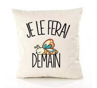 Planetee Housse de Coussin Je Le Ferai Demain | Papillon | Coton Canvas Fairtrade 305 g/m² Zip Invisible Taille 50×50 cm | Déco Canapé Salon Chambre | Cadeau Noël | Humour Flemme Paresseux