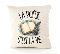 Planetee Housse de Coussin La poésie C'est la Vie | Coton Canvas Fairtrade 305 g/m² Zip Invisible Taille 50×50 cm | Déco Canapé Salon Chambre | Cadeau Poète Poétesse Crémaillère Anniversaire Noël
