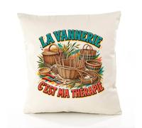 Planetee Housse de Coussin La vannerie C'est ma thérapie | Coton Canvas Fairtrade 305 g/m² Zip Invisible Taille 4040 cm | Déco Canapé Salon Chambre | Cadeau Crémaillère Anniversaire Noël