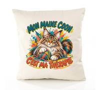 Planetee Housse de Coussin Mon Maine Coon C'est ma thérapie | Coton Canvas Fairtrade 305 g/m² Zip Invisible Taille 4040 cm | Déco Canapé Salon Chambre | Cadeau Crémaillère Anniversaire Noël