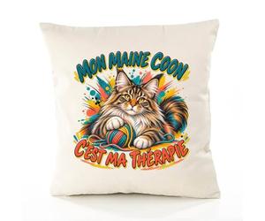 Planetee Housse de Coussin Mon Maine Coon C'est ma thérapie | Coton Canvas Fairtrade 305 g/m² Zip Invisible Taille 4040 cm | Déco Canapé Salon Chambre | Cadeau Crémaillère Anniversaire Noël