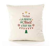 Planetee Housse de Coussin Nolan, la Magie de Noël C'est toi | Coton Canvas Fairtrade 305 g/m² Zip Invisible Taille 40×40 cm | Déco Canapé Salon Chambre | Cadeau Prénom Crémaillère Anniversaire Noël