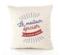 Planetee Housse de Coussin Premium épicier Meilleur Monde - Coton Canvas Fairtrade Beige Idée Cadeau Décoration Canapé 40x40