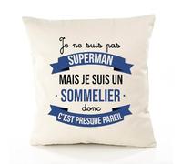 Planetee Housse de Coussin Premium Je ne suis Pas superhomme mais Je suis Sommelier Donc C'est Presque pareil - Coton Canvas Fairtrade Beige Idée Cadeau Décoration Canapé 50x50