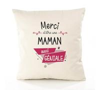 Planetee Housse de Coussin Premium Merci Maman Géniale - Coton Canvas Fairtrade Beige Idée Cadeau Décoration Canapé 40x40