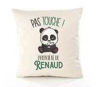 Planetee Housse de Coussin Premium Renaud Pas Touche Panda - Coton Canvas Fairtrade Beige Idée Cadeau Décoration Canapé 50x50