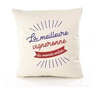 Planetee Housse de Coussin Premium vigneronne Meilleure Monde - Coton Canvas Fairtrade Beige Idée Cadeau Décoration Canapé 50x50