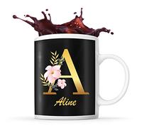 Planetee Mug Aline | Tasse prénom femme fond noir avec Lettre fleur | Idée cadeau pour anniversaire noël et fête des mères
