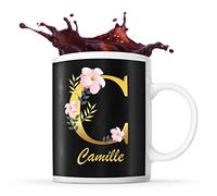 Planetee Mug Camille | Tasse prénom femme fond noir avec Lettre fleur | Idée cadeau pour anniversaire noël et fête des mères