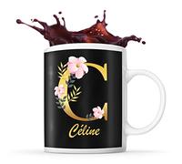 Planetee Mug Céline | Tasse prénom femme fond noir avec Lettre fleur | Idée cadeau pour anniversaire noël et fête des mères