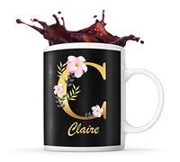 Planetee Mug Claire | Tasse prénom femme fond noir avec Lettre fleur | Idée cadeau pour anniversaire noël et fête des mères