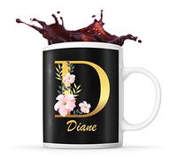 Planetee Mug Diane | Tasse prénom femme fond noir avec Lettre fleur | Idée cadeau pour anniversaire noël et fête des mères