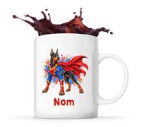 Planetee Mug Dobermann : Super-héros | Tasse en Céramique 330 ml Recto Verso Passe au Lave-Vaisselle | Café Thé Bureau Maison | Cadeau Propriétaire Chien Collègue Anniversaire Noël