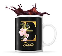 Planetee Mug Elodie | Tasse prénom femme fond noir avec Lettre fleur | Idée cadeau pour anniversaire noël et fête des mères