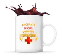 Planetee Mug Enchanté Michel donneur d'orgasme | Tasse en Céramique 330 ml Recto Verso Passe au Lave-Vaisselle | Café Thé Bureau Maison | Cadeau Amoureux Amoureuse Collègue Anniversaire Noël