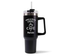 Planetee Mug Isotherme 1,2L - La Pause Café de Parrain Noire - Bouteille avec Anse, Paille et Couvercle - Idée Cadeau Gourde Personnalisée Café