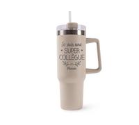 Planetee Mug Isotherme 1,2L - Manon Une Super Collègue Beige - Bouteille avec Anse, Paille et Couvercle - Idée Cadeau Gourde Personnalisée