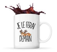 Planetee Mug Je le ferai demain | Cerf | Tasse en Céramique 330 ml Recto Verso Passe au Lave-Vaisselle | Café Thé Bureau Maison | Cadeau Collègue Anniversaire Noël | Humour Flemme Paresseux