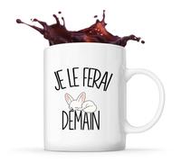 Planetee Mug Je le ferai demain | Fennec blanc | Tasse en Céramique 330 ml Recto Verso Passe au Lave-Vaisselle | Café Thé Bureau Maison | Cadeau Collègue Anniversaire Noël | Humour Flemme Paresseux