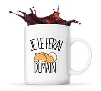 Planetee Mug Je le ferai demain | Spitz nain | Tasse en Céramique 330 ml Recto Verso Passe au Lave-Vaisselle | Café Thé Bureau Maison | Cadeau Collègue Anniversaire Noël | Humour Flemme Paresseux