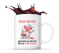 Planetee Mug Jean-Michel maître du feu et de la chipolata | Tasse en Céramique 330 ml Recto Verso Passe au Lave-Vaisselle | Café Thé Bureau Maison