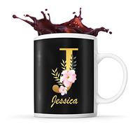Planetee Mug Jessica | Tasse prénom femme fond noir avec Lettre fleur | Idée cadeau pour anniversaire noël et fête des mères