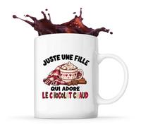 Planetee Mug Juste une fille qui adore le chocolat chaud | Tasse en Céramique 330 ml Recto Verso Passe au Lave-Vaisselle | Café Thé Bureau Maison | Cadeau Gourmande Collègue Anniversaire Noël
