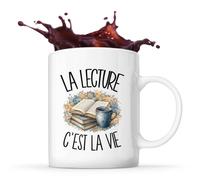 Planetee Mug La lecture c'est la vie | Tasse en Céramique 330 ml Recto Verso Passe au Lave-Vaisselle | Café Thé Bureau Maison | Cadeau Lecteur Lectrice Collègue Anniversaire Noël