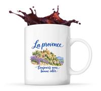 Planetee Mug La Provence, toujours une bonne idée | Tasse en Céramique 330 ml Recto Verso Passe au Lave-Vaisselle | Café Thé Bureau Maison | Cadeau Provençal Provençale Collègue Anniversaire Noël
