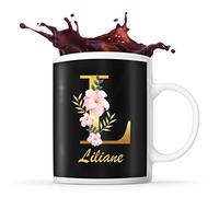 Planetee Mug Liliane | Tasse prénom femme fond noir avec Lettre fleur | Idée cadeau pour anniversaire noël et fête des mères