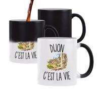 Planetee Mug Magique Dijon c’est la vie | Tasse Thermosensible, le Motif Apparaît à la Chaleur | Céramique 300 ml Recto Verso | Cadeau Dijonnais Dijonnaise Collègue Anniversaire Noël