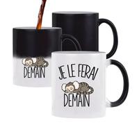 Planetee Mug Magique Je le ferai demain | Ouistiti | Tasse Thermosensible, le Motif Apparaît à la Chaleur | Céramique 300 ml Recto Verso | Cadeau Collègue Anniversaire Noël | Humour Flemme Paresseux