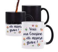 Planetee Mug magique thermoréactif Cousine elle assure grave tasse change couleur chaleur idée cadeau fête des Mères anniversaire Noël sœur tata marraine femme