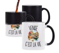 Planetee Mug Magique Venise c’est la vie | Tasse Thermosensible, le Motif Apparaît à la Chaleur | Céramique 300 ml Recto Verso | Cadeau Voyageur Voyageuse Collègue Anniversaire Noël