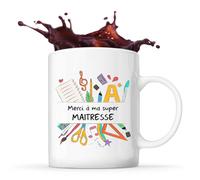 Planetee Mug merci super Maitresse| Tasse Originale Cadeau Remerciement fin d'Années Maitresse d'école Maternelle Professeur Institutrice Prof Noël