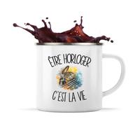 Planetee Mug Métal Émaillé Être horloger c'est la vie | Tasse de Camping 300 ml Recto Verso Passe au Lave-Vaisselle | Randonnée Bivouac Bureau | Cadeau Artisan D'art Homme Femme Anniversaire